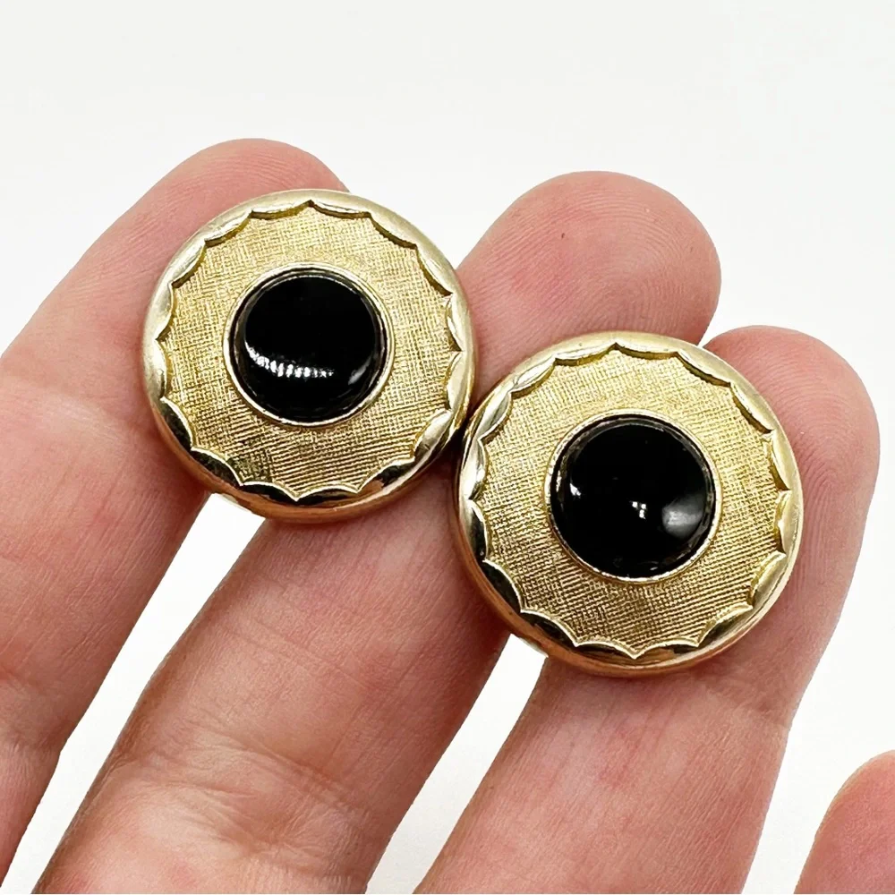 Vintage Brushed Gold Tone & Onyx Round Cufflinks